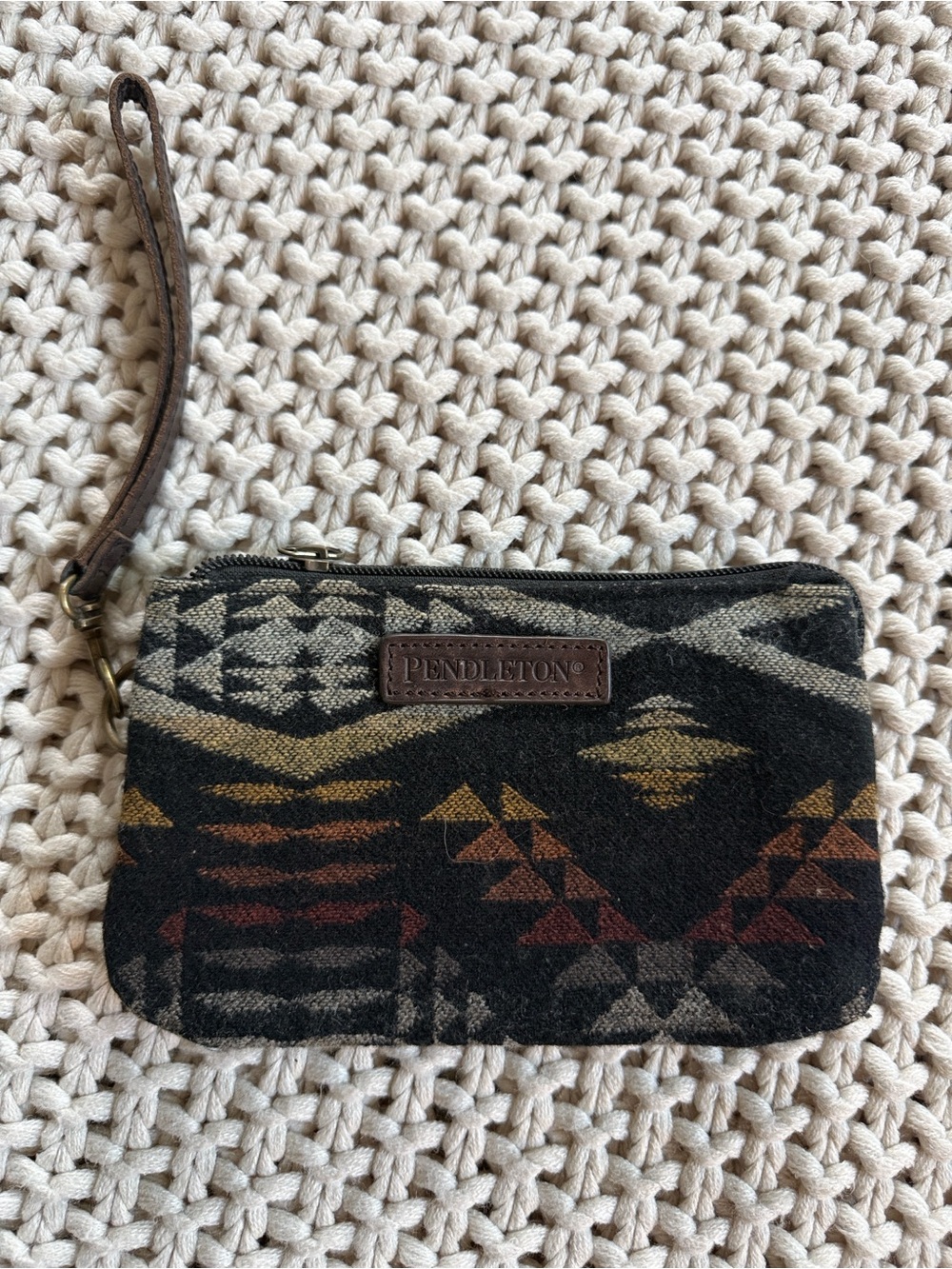 Pendleton Wool Zip Pouch in Black and Cream with Leather Logo